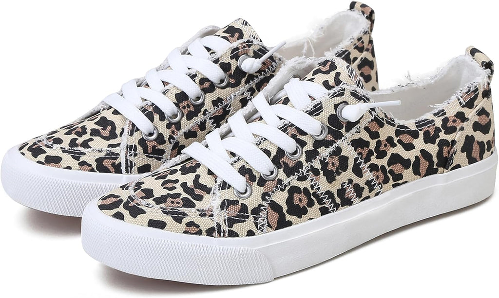 Women's Play Fashion Sneaker White Color Washed and Leopard Canvas Slip on Shoes