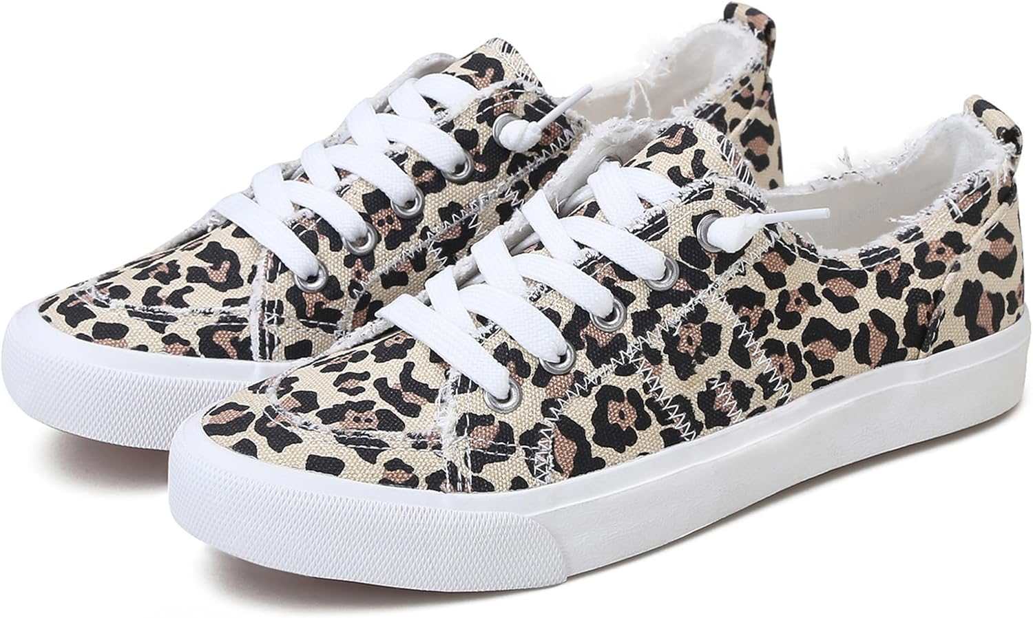 Women's Play Fashion Sneaker White Color Washed and Leopard Canvas Slip on Shoes